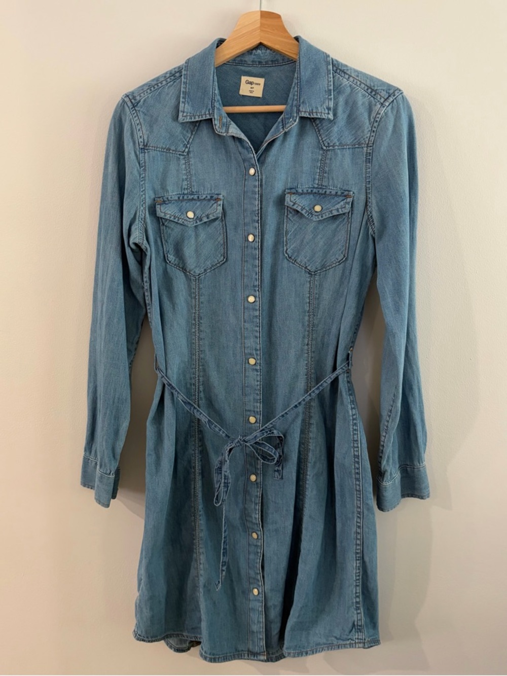 GAP Light Blue Denim Button-Front Shirt Dress with Tie
